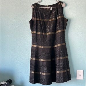 Elegant Black and Gold Striped Dress Size 14